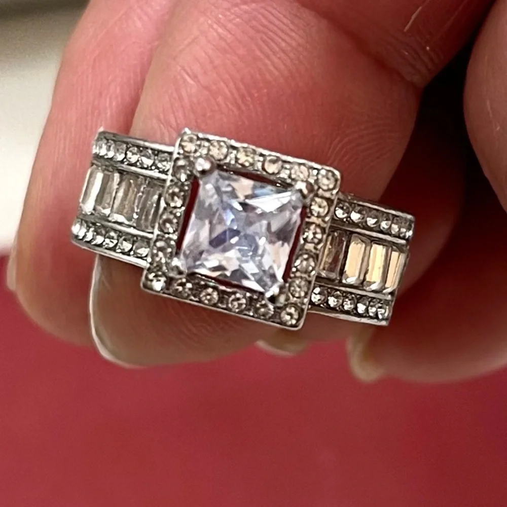 Square Halo Cubic Zirconia Statement Ring in Silver-Tone